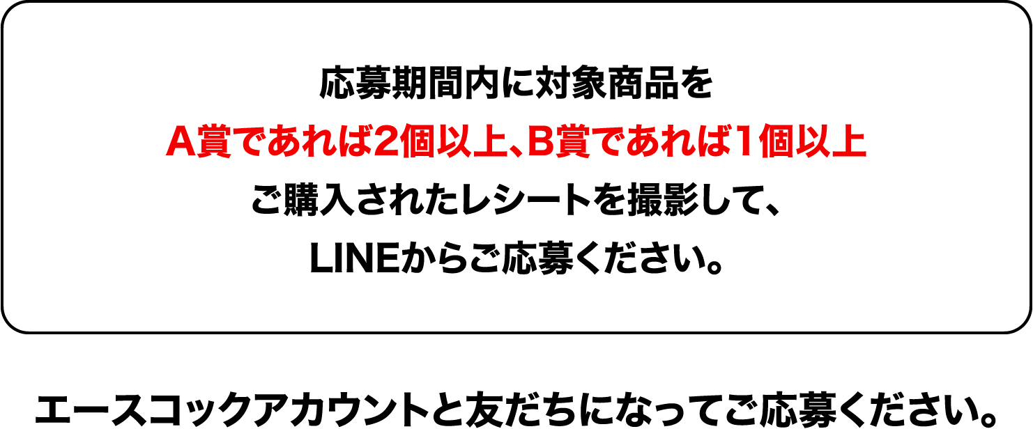 応募期間内に対象商品をA賞であれば2個以上、B賞であれば1個以上ご購入されたレシートを撮影して、LINEからご応募ください。エースコックアカウントと友だちになってご応募ください。