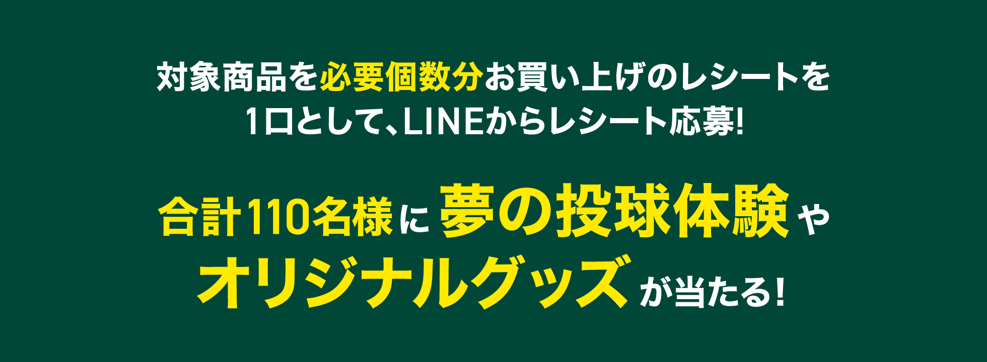 対象商品を必要個数分お買い上げのレシートを1口として、LINEからレシート応募！合計110名様に夢の投球体験やオリジナルグッズが当たる！