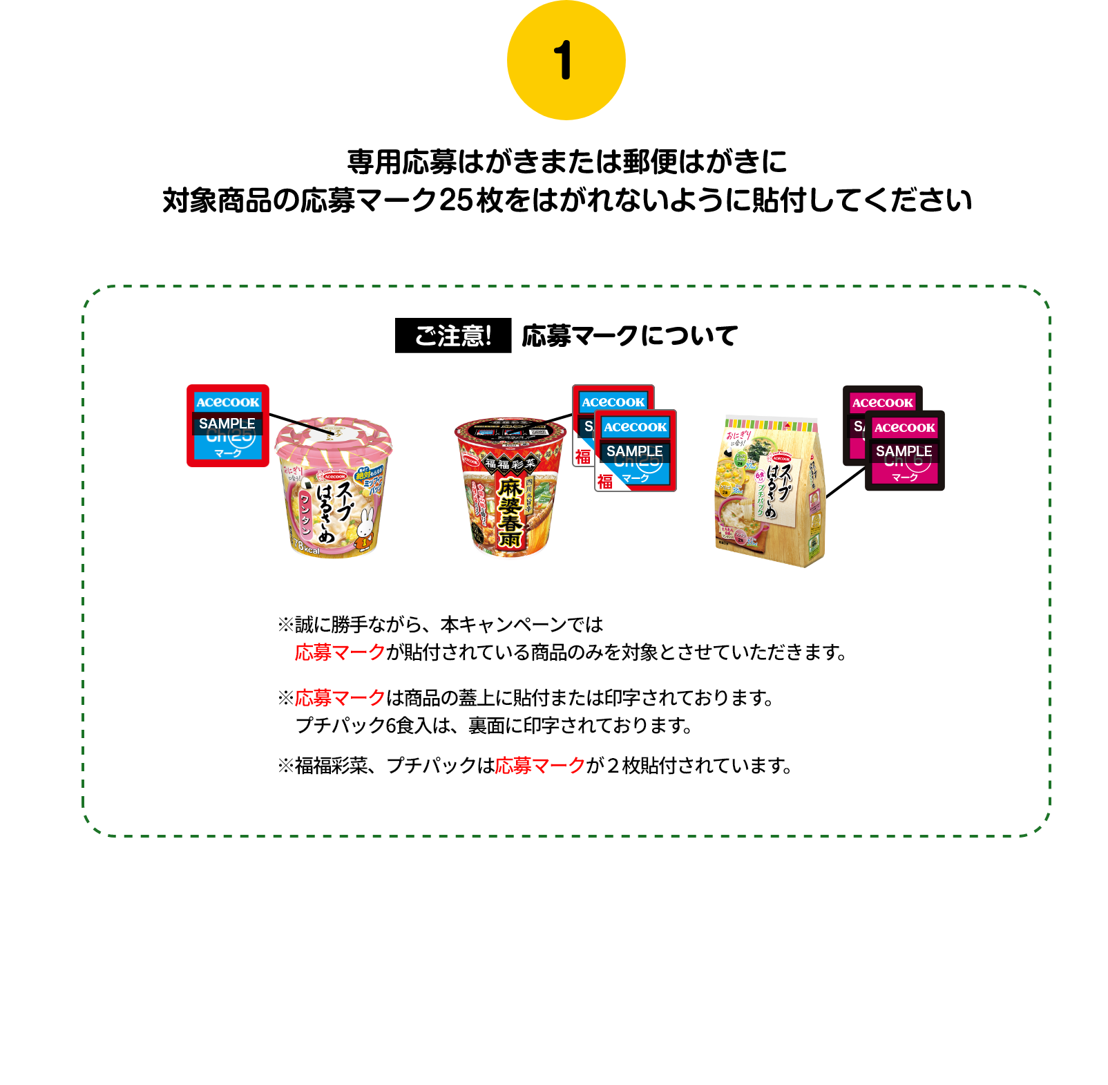 1 専用応募はがきまたは郵便はがきに対象商品の応募マーク25枚をはがれないように貼付けしてください。ご注意!応募マークについて ※誠に勝手ながら、本キャンペーンでは応募マークが貼付されている商品のみを対象とさせていただきます。※応募マークは商品の蓋上に貼付または印字されております。プチパック6食入は、裏面に印字されております。※福福彩菜、プチパックは応募マークが2枚貼付されています。