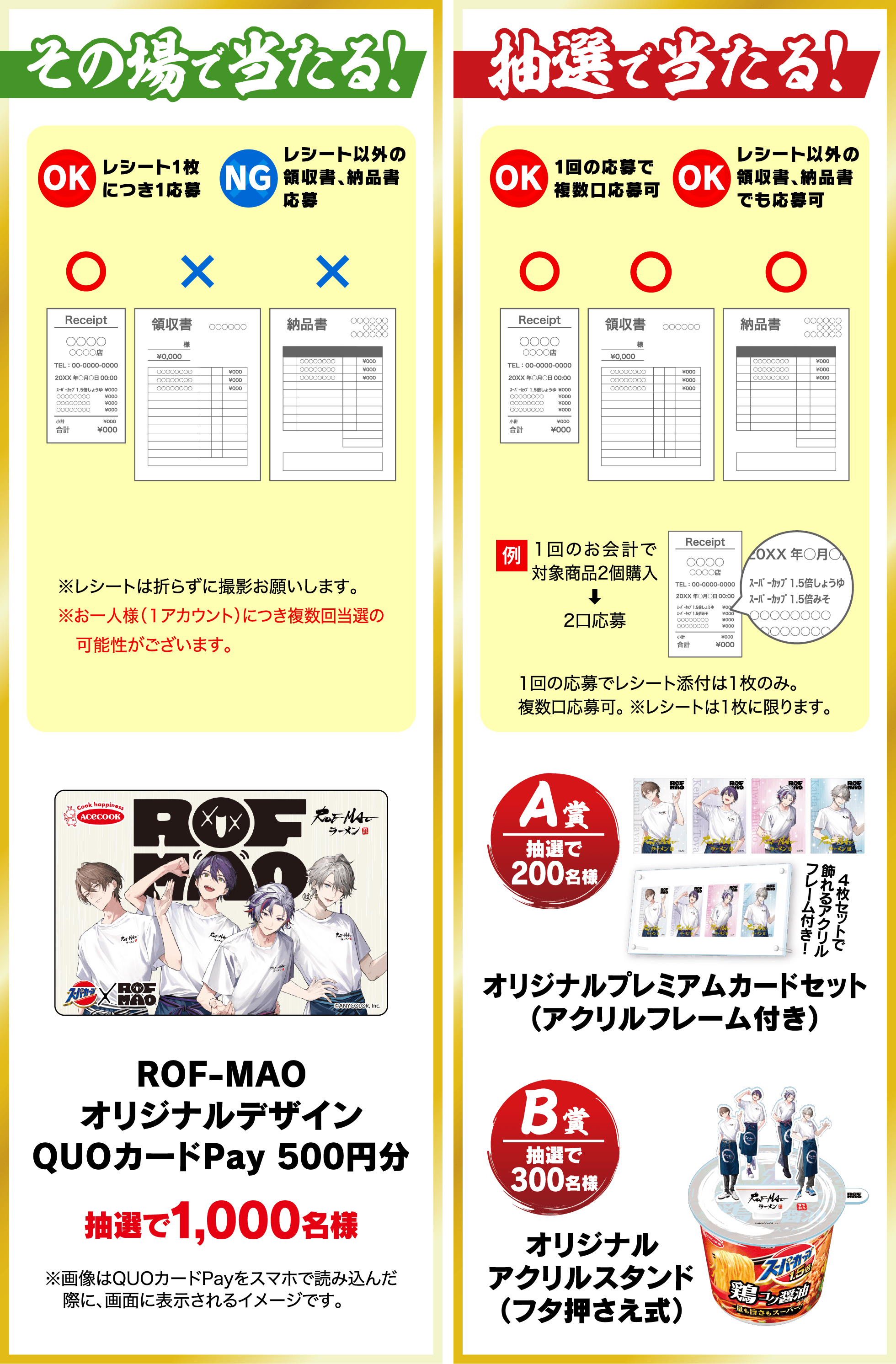 その場で当たる! ROF-MAOオリジナルデザイン QUOカードPay 500円分／抽選で当たる!Ａ賞 オリジナルプレミアムカードセット（アクリルフレーム付き） Ｂ賞 オリジナルアクリルスタンド（フタ押さえ式）