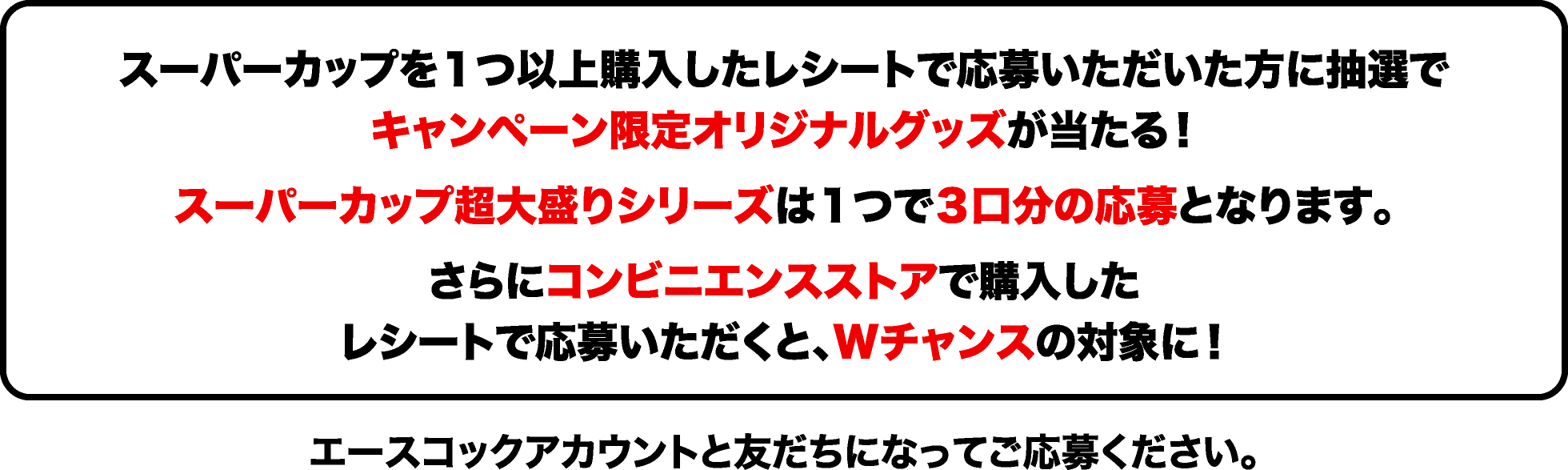 スーパーカップを１つ以上購入したレシートで応募いただいた方に抽選でキャンペーン限定オリジナルグッズが当たる！スーパーカップ超大盛りシリーズは１つで３口分の応募となります。さらにコンビニエンスストアで購入したレシートで応募いただくと、Wチャンスの対象に！